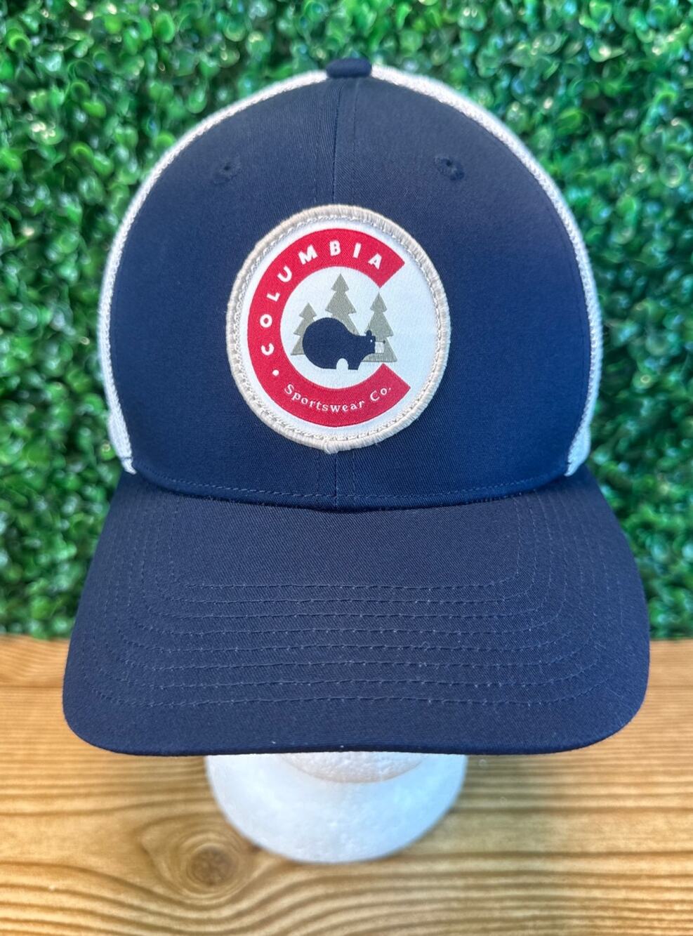 Columbia Hat Baseball Cap Bear In Woods Logo Christmas Tree Blue White Flex Fit